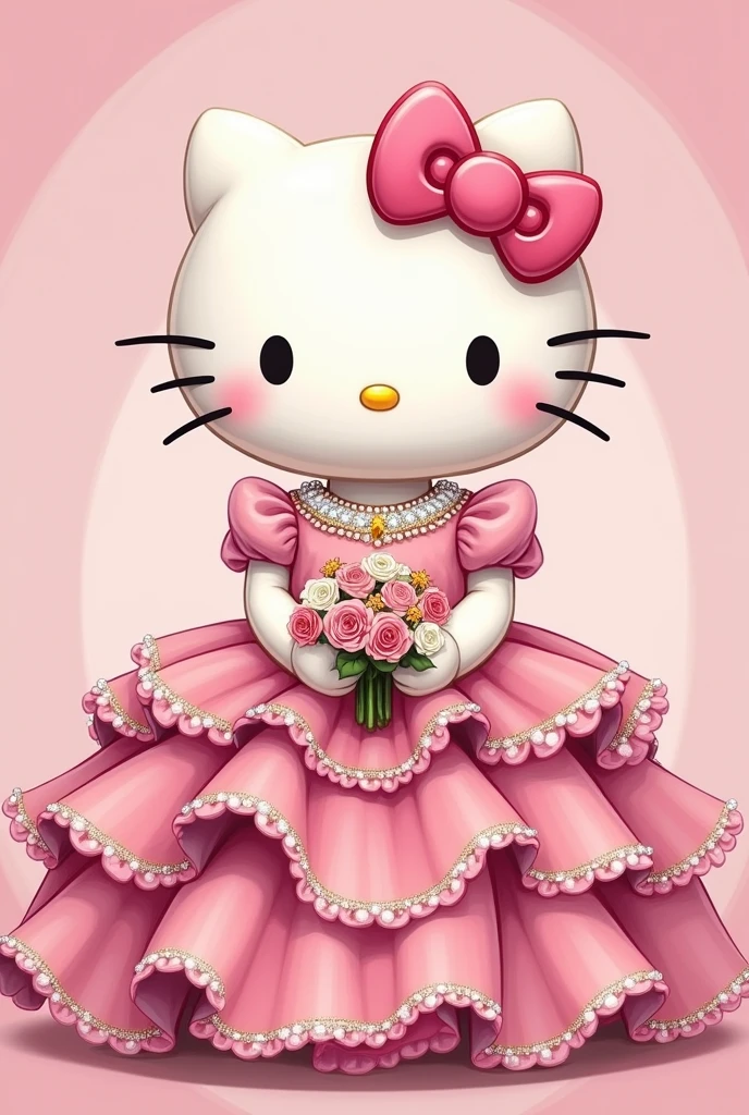 Hello kitty wearing a pink quinceanera dress. Colors are pink, white and gold. Pink puffy dress with gems, pearls, and diamonds. Cartoon body. Holding a bouquet of pink and white roses with gold gems.