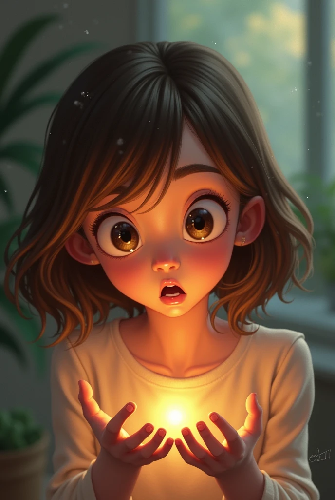 Corita, a girl with brown hair and big eyes,  He looks at his hands with a surprised expression as his fingers tremble.