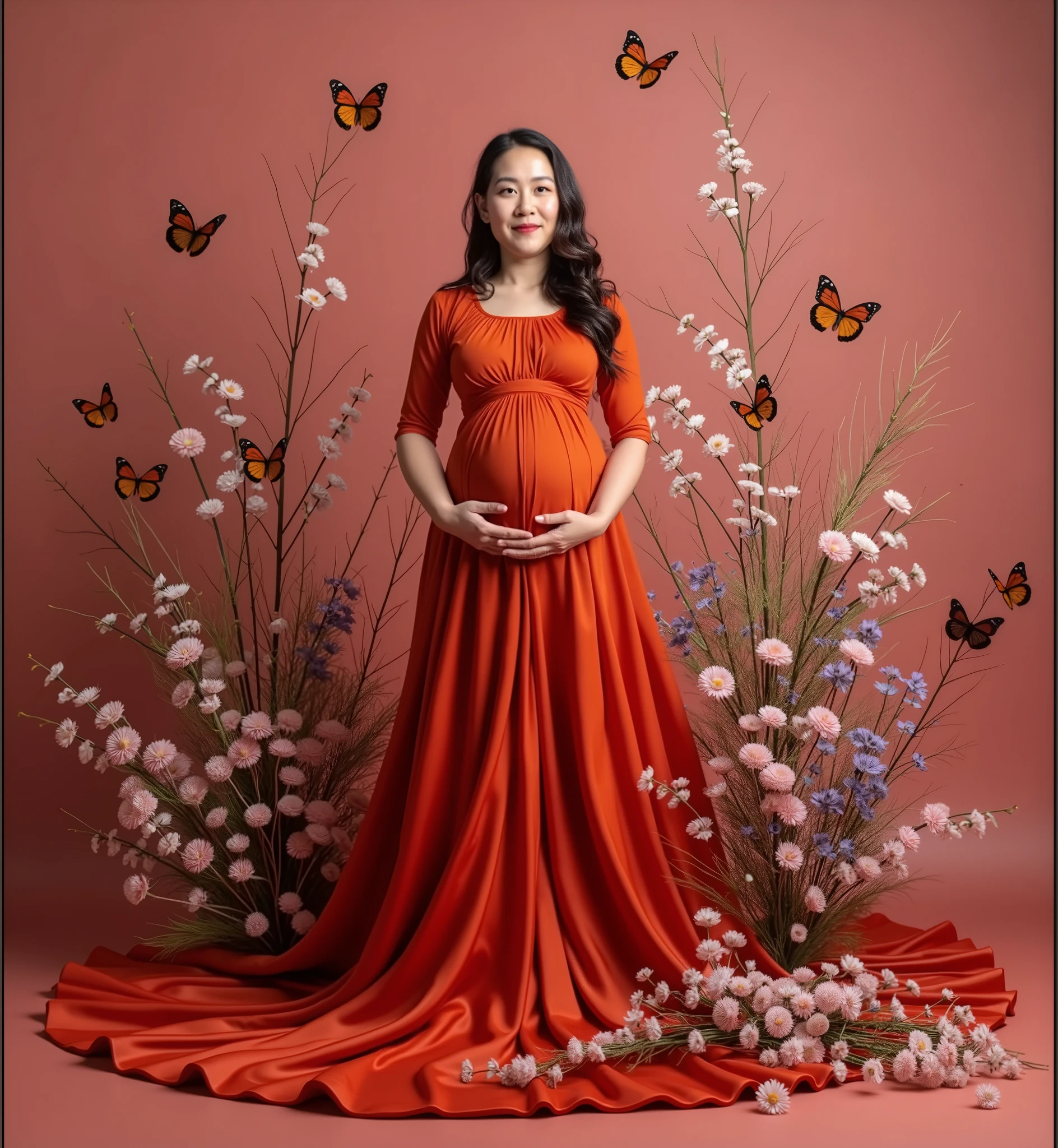 pregnant woman in red dress surrounded by butterflies and flowers, a digital rendering inspired by Tang Yifen, shutterstock contest winner, conceptual art, maternal photography 4 k, full body portrait shot, award winning studio photo, full body photograph, full body portrait, color studio portrait, whole body photography, woman in flowers, portrait photo of a backdrop, korean artist
