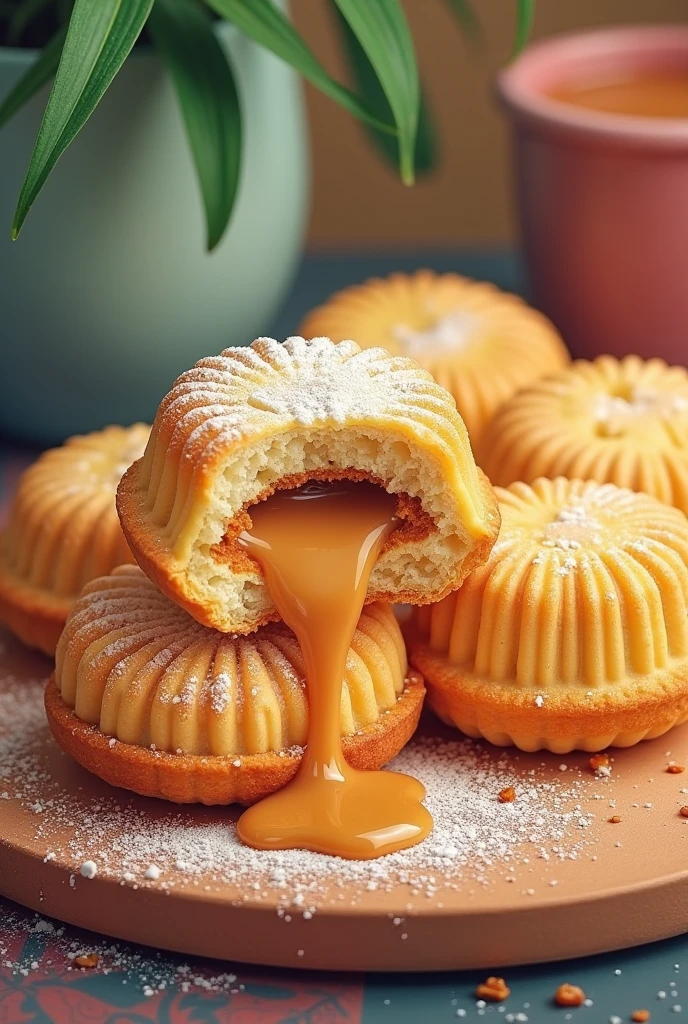 Create an illustration of Venezuelan cornstarch alfajores with lots of arequipe 