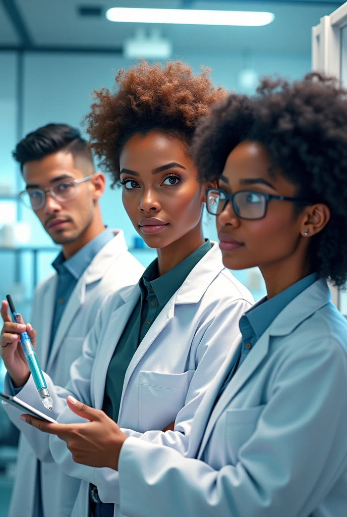 . creates three scientists, but that the first scientist (gender man) of slim build with black hair and few curls with a taper fade. The 2nd scientist  (gender woman) that is a little taller than the man and has curly brown hair, and finally the 3rd scientist (gender woman) that she is a little shorter than the man and that she has straight black hair