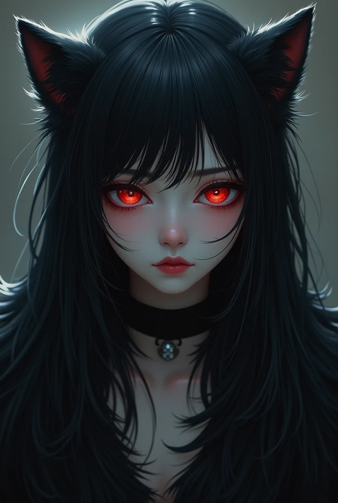 A beautiful girl with long black fur, red and sleepy eyes, detailed portrait, intricate jujutsu kaisen style character, highly detailed, cinematic lighting, dramatic pose, moody color palette, digital painting, concept art, masterpiece, 8k, ultra-detailed, photorealistic