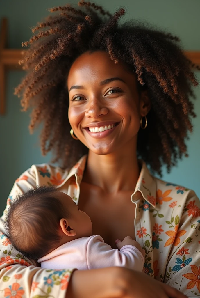 A Brazilian woman, wearing an open shirt with a floral print, with a close-up capturing the harmonious beauty of an outgoing personality with a in her arms.