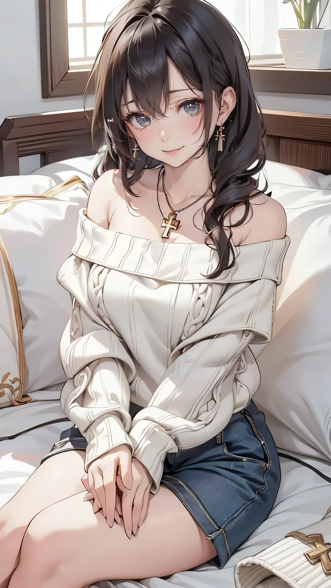 (off-shoulder sweater, oversized sweater), (hiden short pants), (cross-legged sitting, hands lying on thighs), on bed, best quality, masterpiece, earrings, necklace,
