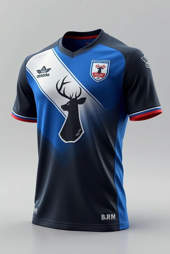 UNIFOrmE SENCILLO Y ELEGANTE PArA EL EQUIPO DE VENADITOS B.r.m. CON UN VENADO EN LA PArTE FrONTAL, COLOrES DEL UNIFOrmE AZUL CIN BLANCO Y VIVOS EN NEGrO Y rOJO CON COLOrES DIFUmINADOS