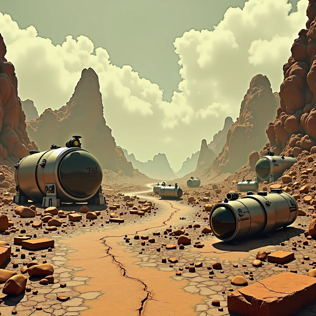 A post-apocalyptic scene in the style of fallout, 1950's style concept art, with antique cyberpunk artifacts scattered across the scene