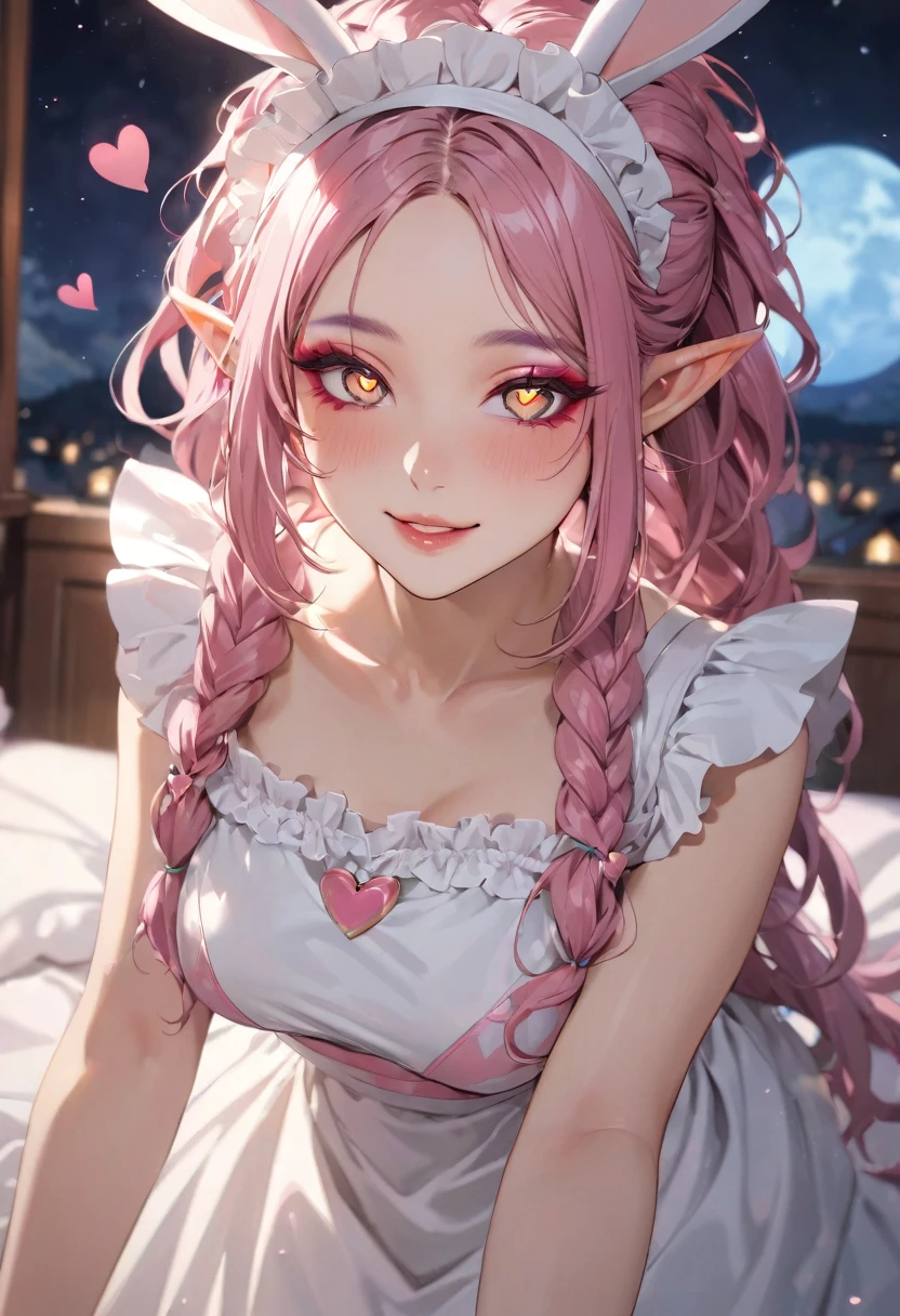 (love style), (pov), (solo:2, 1000 yo), (beautiful Dreadlocks:1.2) (glossy beautiful pink hair long hair) ((dark Sunburn:1.5 skin)) (beautiful cool beauty elf woman), (glossy lip, soft smile), (((makeup detailed Heart-shaped pupils))) (best cool yellow eyes), (small:1.2 tits), beautiful detailed maid uniform, detailed bunny ear, break, in the night, in the Gorgeous Bedroom, background beautiful night sky, BREAK, perfect anatomy, masterpiece, best quality, 16k, beautiful detailed Dim, daydreaming expression.