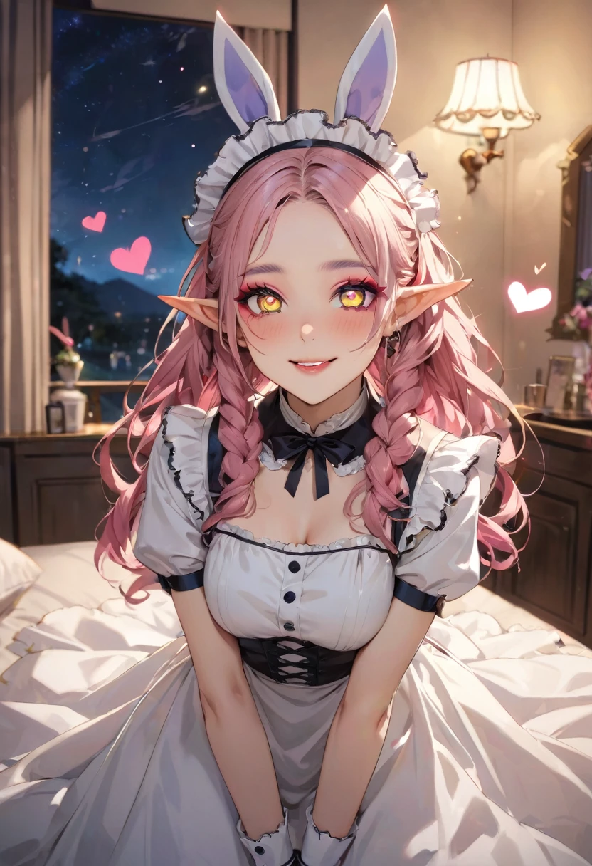 (love style), (pov), (solo:2, 1000 yo), (beautiful Dreadlocks:1.2) (glossy beautiful pink hair long hair) ((dark Sunburn:1.5 skin)) (beautiful cool beauty elf woman), (glossy lip, soft smile), (((makeup detailed Heart-shaped pupils))) (best cool yellow eyes), (small:1.2 tits), beautiful detailed maid uniform, detailed bunny ear, break, in the night, in the Gorgeous Bedroom, background beautiful night sky, BREAK, perfect anatomy, masterpiece, best quality, 16k, beautiful detailed Dim, daydreaming expression.