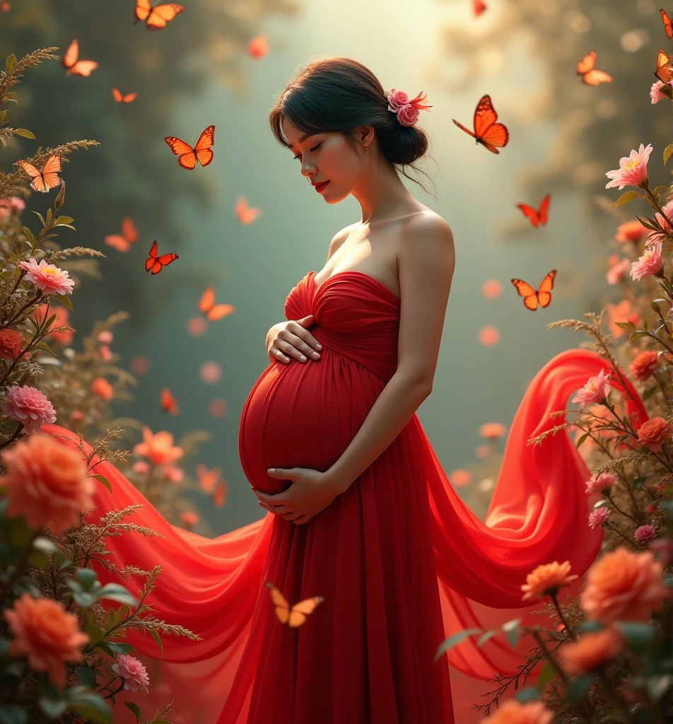pregnant woman in red dress surrounded by butterflies and flowers, a digital rendering inspired by Tang Yifen, shutterstock contest winner, conceptual art, maternal photography 4 k, full body portrait shot, award winning studio photo, full body photograph, full body portrait, color studio portrait, whole body photography, woman in flowers, portrait photo of a backdrop, korean artist