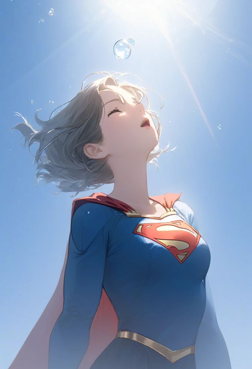 (masterpiece,Highest quality,Ultra_detailed,High resolution,Absurd:1.2), Supergirlofコスチューム, 水of中にいる女of子で、Eyes closed,Supergirl,depth_of_Field,(長さ neck looking up:1.2),bubble,(Raise your hand:1.2),   Complementary Color,Bright Eyes,Strong Rim Light,High resolution