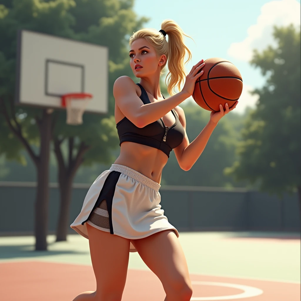 Gorgeous Blonde , is playing basketball, wearing basketball shoes, a very short white mini skirt, and a sexy black top. Her hair is tied in a ponytail. she shoot the ball .