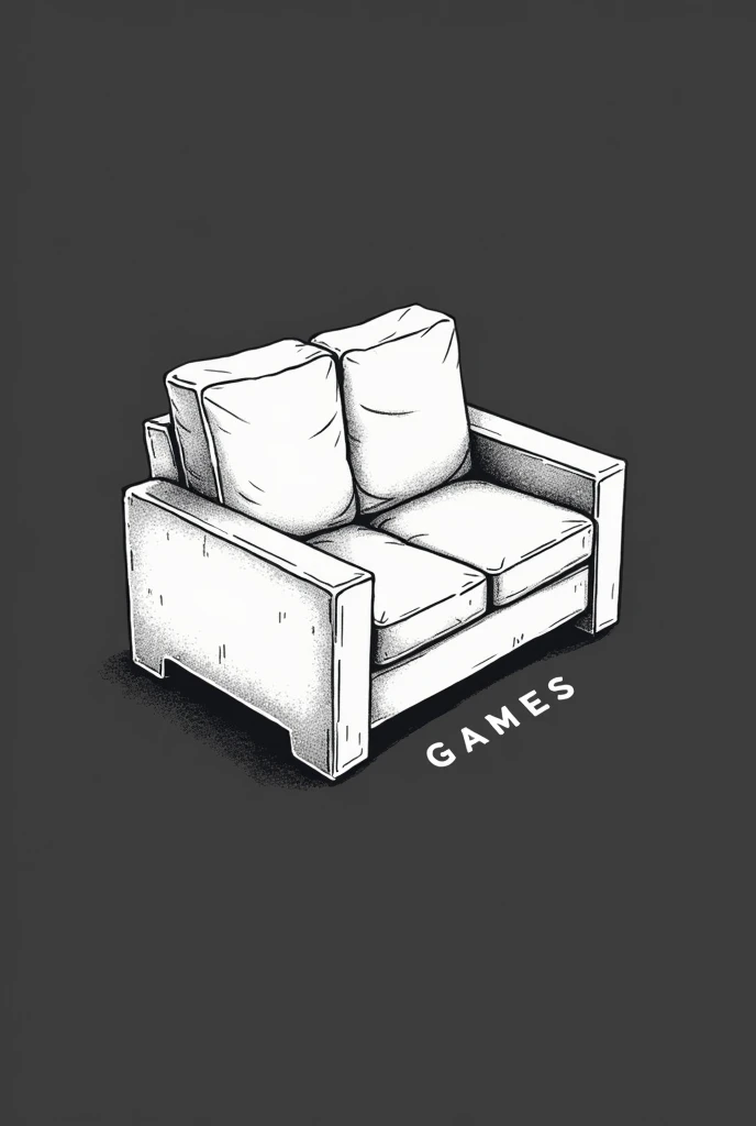 I want a logo for a video game company, that they have a two-person chair attached resting on one of its sides in a box, and with the text "Couch Games" With a minimalist style in black and white 2D(as drawn) head on.