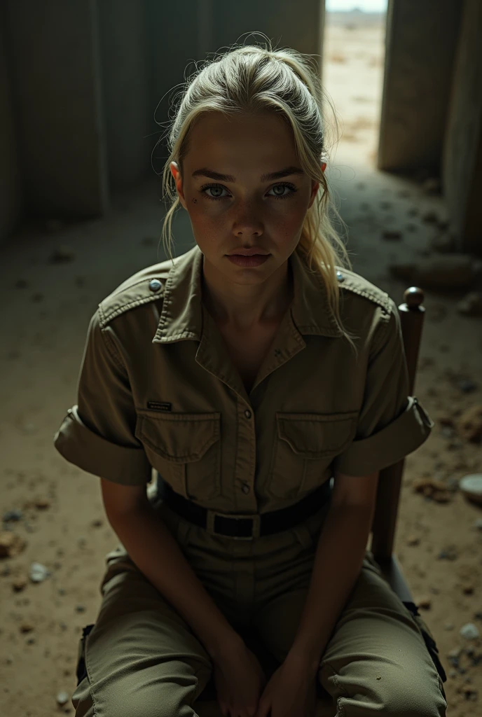 Photorealistic. 20 year old female soldier, slender and thin, bust size 32e, Her hair is blonde and combed in a ponytail, Her face is beautiful and symmetrical. He is wearing a desert camouflage military uniform., Military camouflage pants and military camouflage shirt., The girl is tied to a chair as a prisoner, Your clothes look dirty, She is tied with a rope to a chair in a dark, sandy room where only light comes in from a window.. Anti-Aliasing Ultra High, intricate detail, art station, Virtual Engine, DOF, Super resolution, megapixel, FKA, THAI, rtx, SSAO, Post-processing, Post-production, Tone Mapping, cgi, VFX, SFX, Crazy detail and complexity, ultra realistic Ultra Detail, super detail, realistic, ultra realistic, Unreal Engine, 8k, masterpiece, best quality, Ray Tracing, depth of field, cinematic lighting, octane rendering, clear focus, anatomy, Ultra-realistic skin texture, high-detail eyes, from above view, --AR 3:2.
