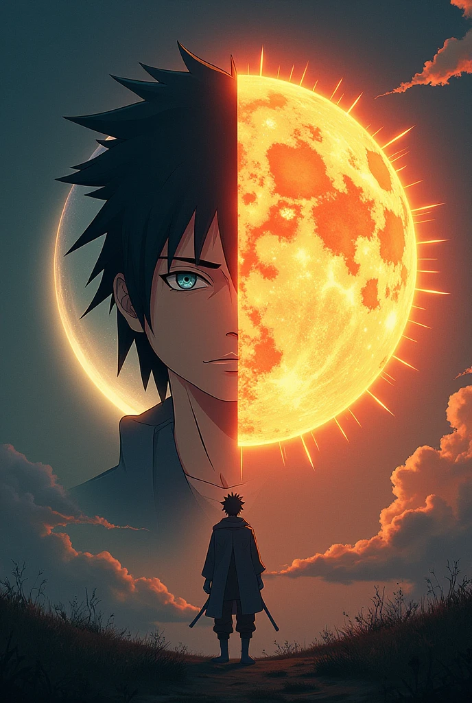 One half sasuke and the other half Naruto in the background sasuke is a moon and in Naruto background make it a sun
and make a line through the middle 