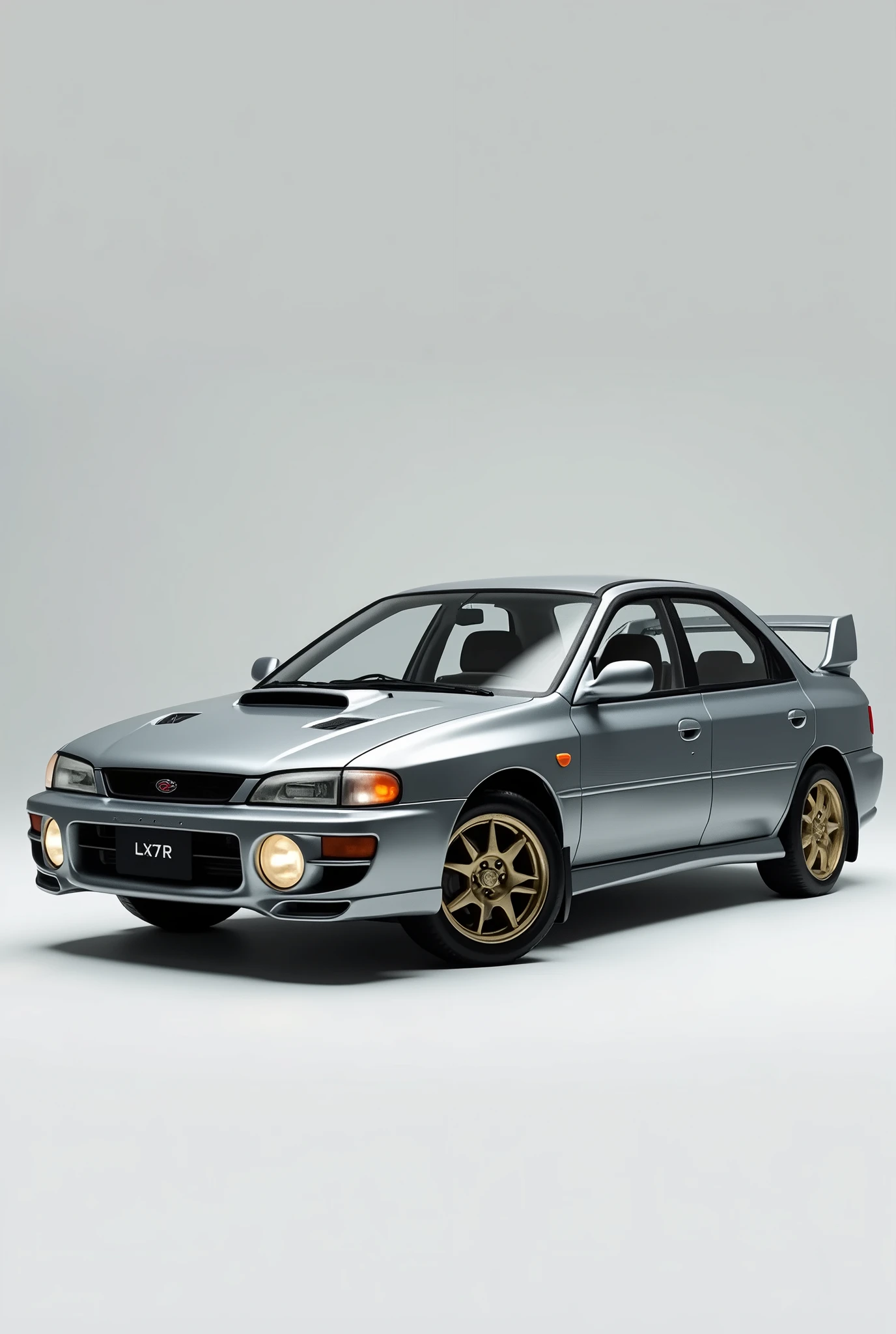 (photorealism:1.2), Subaru, impreza gc8, 1999, facelift, 4 door, grey
color code lx7r, sideview, small spoiler,