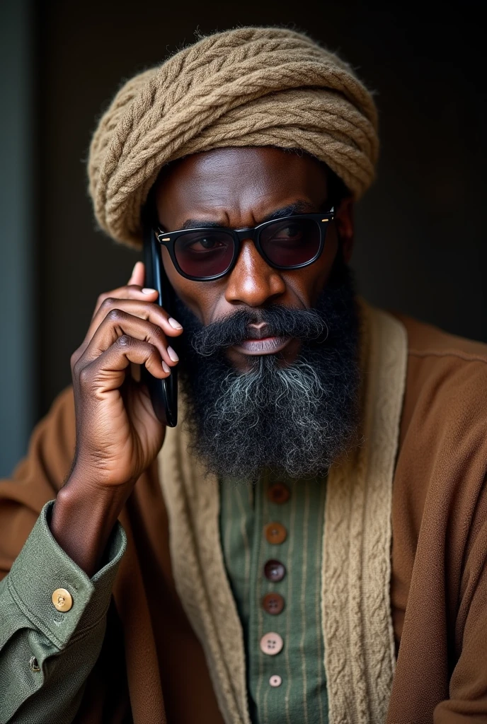 Photo 1 : jeune homme d’affaires noirs,grand détaille ,barbu,la quarantaine,habille en habits chapeau et gants traditionnels le Kurdi tissée de fille et laine traditionnel comme les de l’extrême nord du Cameroun,qui est entrain de parlé au téléphone et il porte des lunettes très noir fumer qui regarde à gauche