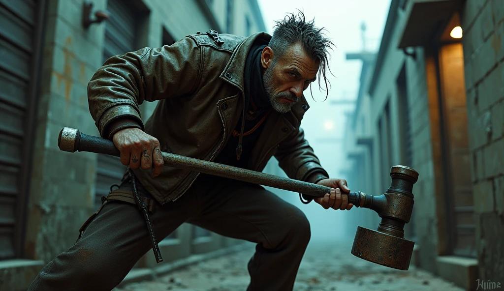 cyberpunk 2077 Man With cyberpunk jacket Leather cybernetic implants in his head and eyes, Serious face, mask, with a sledgehammer and several scars, Hairy, dirty Cemetery alley, crouched