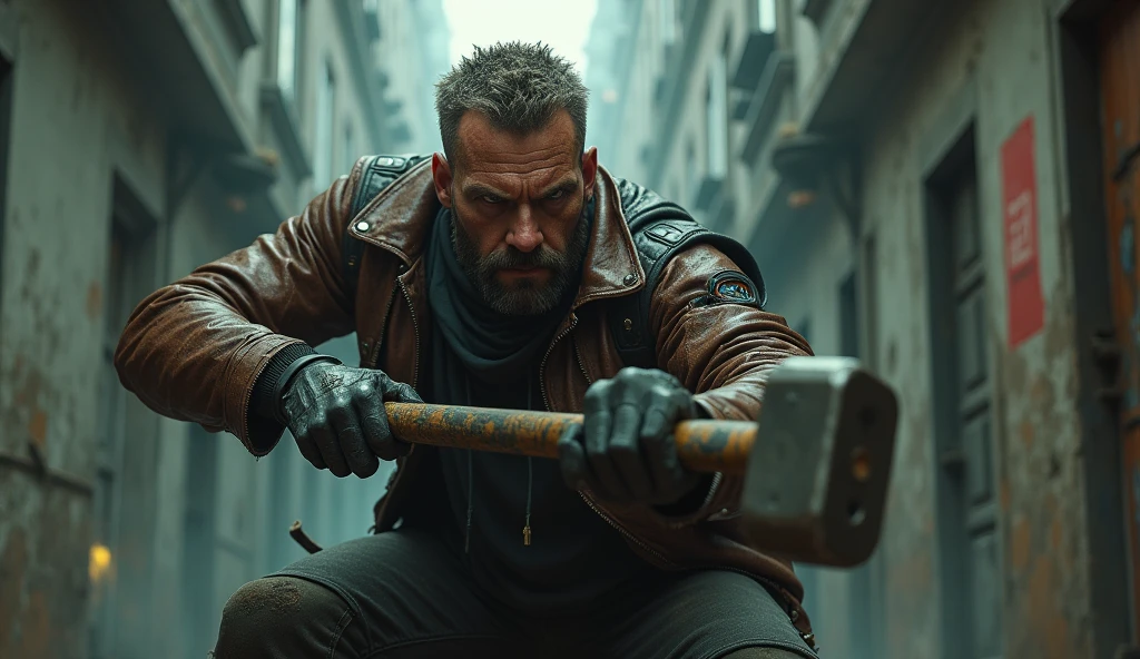 cyberpunk 2077 Man With cyberpunk jacket Leather cybernetic implants in his head and eyes, Serious face, mask, with a sledgehammer and several scars, Hairy, dirty Cemetery alley, crouched