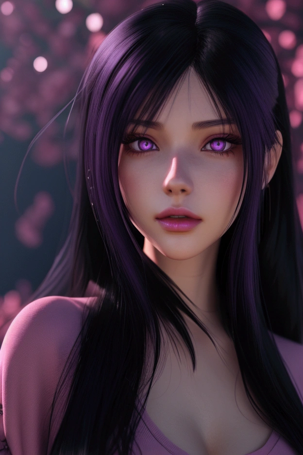 Gorgeous anime woman with long black hair,, purple eyes,, fair skin and rose colored lips. Casual clothing. , Realism style.  3D style. 4K anime close up portrait.