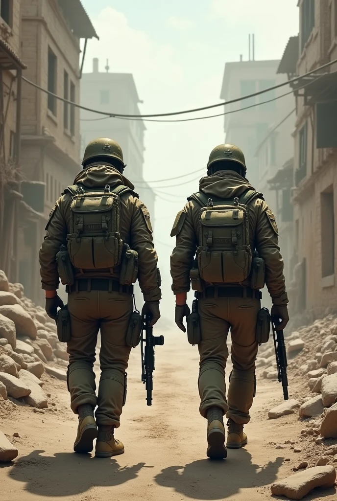 Create an image of 2 soldiers from behind named Makrow and Anshwa
