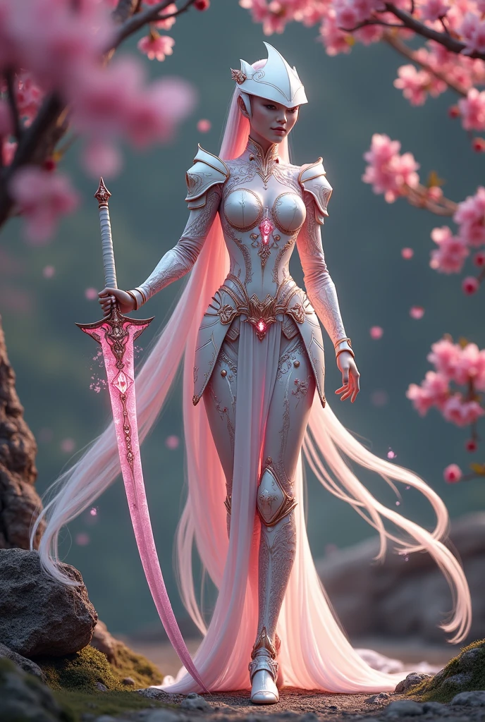 Sakurianas Warrior with the Sakura SwordThe tall, elegant warrior from the Sakurianas species is a vision of grace and power. She wears a unique armor made from a material that appears as delicate as Sakura petals but is 100 times stronger than diamond. The armor has a shimmering pink and white color scheme, resembling the natural hues of cherry blossoms. Intricate patterns of blooming Sakura flowers adorn the chest plate and shoulder guards, giving the armor an organic and fluid appearance. Her helmet, with a visor shaped like overlapping petals, completes the look, fitting perfectly to her form. Glowing pink veins of energy run through the armor, reflecting the regenerative and powerful nature of the wearer.In the warrior's hand is the Sakura Sword. This sword features a long, slightly curved blade forged from a pink metallic material that softly glows with a delicate aura. The blade is engraved with subtle designs of Sakura branches, which shimmer in shades of pink and gold as light hits it. The hilt is wrapped in pearl-white leather, adorned with rose gold accents, and at the base of the hilt, a small Sakura flower carved from rose quartz adds a final touch of elegance. The minimalist guard of the sword, decorated with small pink crystals, echoes the delicate branches of a cherry blossom tree.