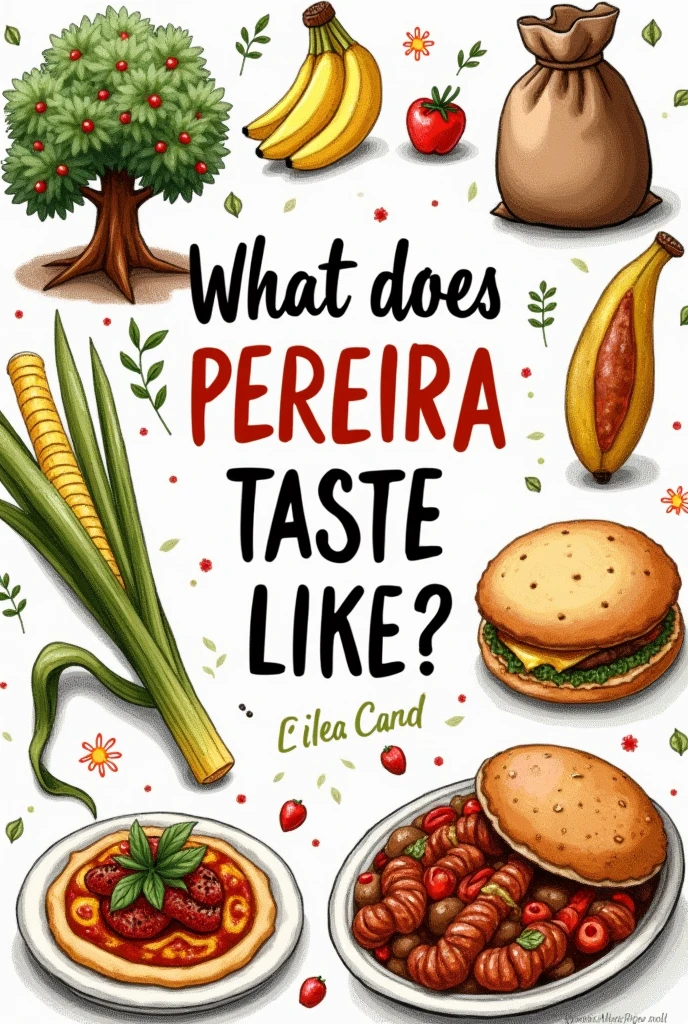 Hello, Can you help me express an idea?. I must make a sign by hand that says "What does Pereira taste like? And draw on the poster some typical foods from the city of Pereira,como una planta de often, a coffee plant or a sack of coffee, a bunch of banana, patacones with stew, sugar cane, often, chorizos with arepa, chocolate arepa.