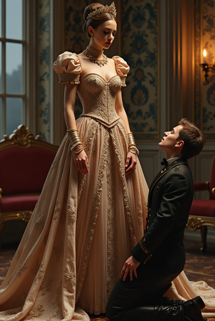 Dominatrice en robe de princesse avec un homme.
