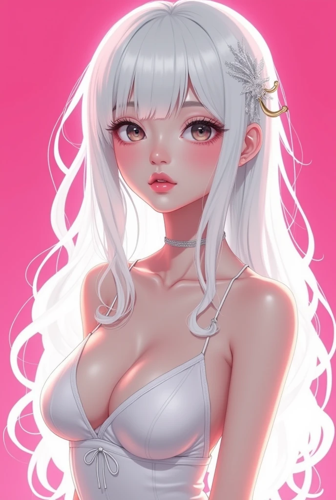 best quality, hot pink artwork, white line art, beautiful japanese girl self portrait, light up, white hair, big detailed eyes, ulzzang, ((huge breasts)), cleavage, arms behind back, backlit, 