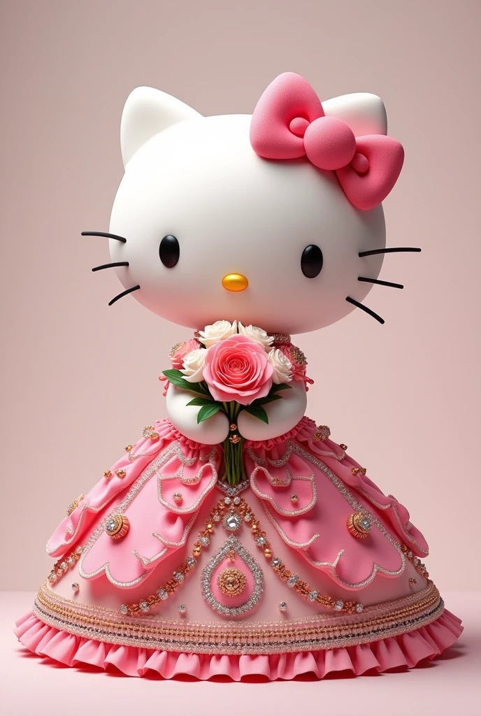 Hello kitty wearing a pink quinceanera dress. Colors are pink, white and gold. Pink puffy dress with gems, pearls, and diamonds. Cartoon semi realism body. Holding a bouquet of pink and white roses with gold gems.