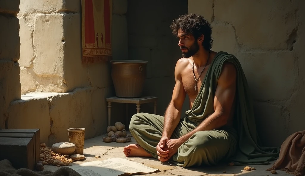 A young, handsome Stoic philosopher with a well-proportioned and attractive physique, sun-kissed skin, very short and well-trimmed beard, and wavy and well-styled hair. He is dressed in classic tunics in soft earthy tones - gray, brown, and olive green - with subtle gold and copper details, which fall gently on his body, subtly revealing his shoulder. He is shown in a dimly lit Roman study or meditation room, surrounded by symbols of rigid beliefs such as ancient texts, religious icons, and philosophical scrolls, all depicting rigid dogmas. The environment has a confined, shadowy feel, emphasizing the philosopher's struggle and limitation imposed by his adherence to these inflexible beliefs. The scene is painted in an impressionist style, with dramatic brushstrokes capturing dark, muted light and heavy shadows to highlight the restrictive nature of excessive piety.