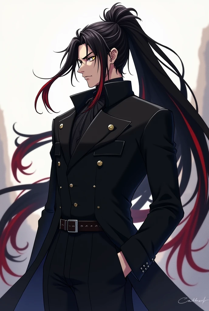 Create a white MALE anime style character with long, voluminous black hair tied in a ponytail with some red streaks and yellowish eyes and wearing a large black coat