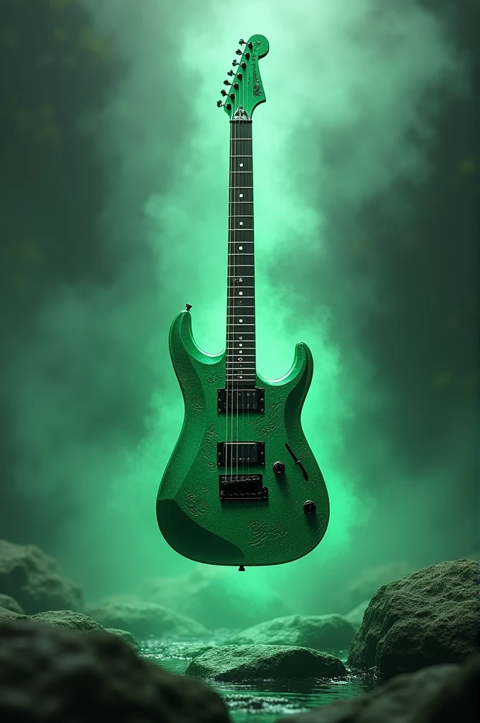 Green guitar flying