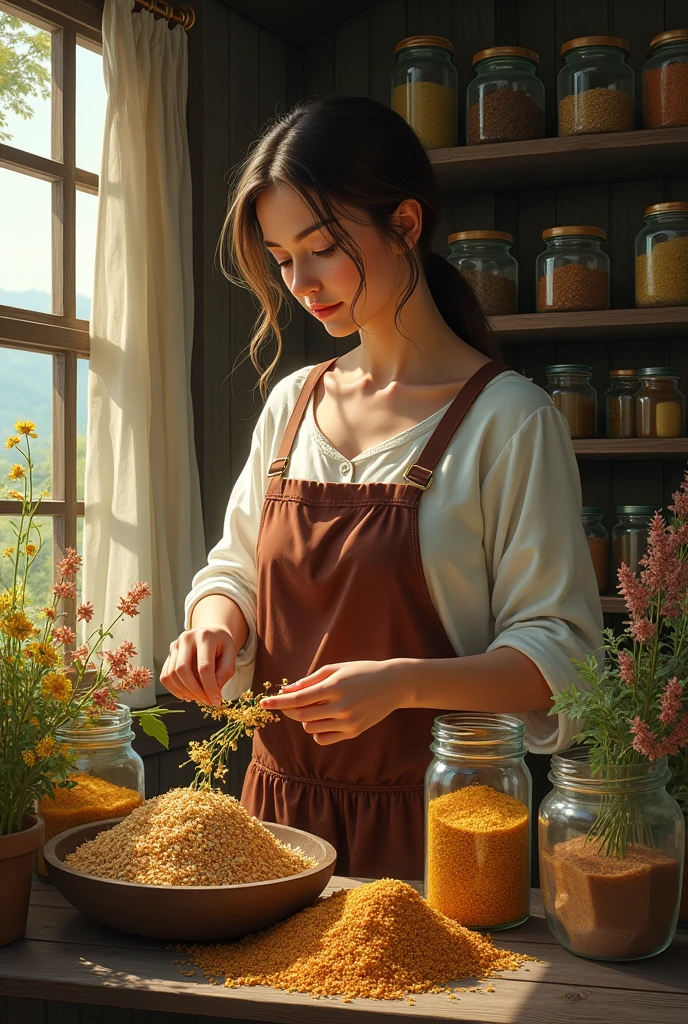 A little before autumn, she dries them in the sun and stores them in jars in a dark, dry place.