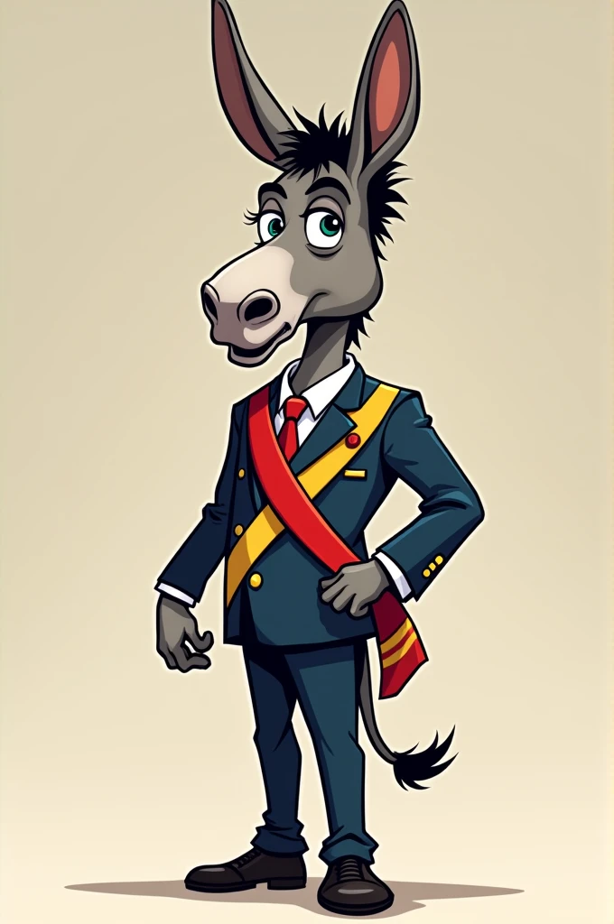 Create a cartoon image of a donkey of Maduro dressed in a suit with the presidential sash.