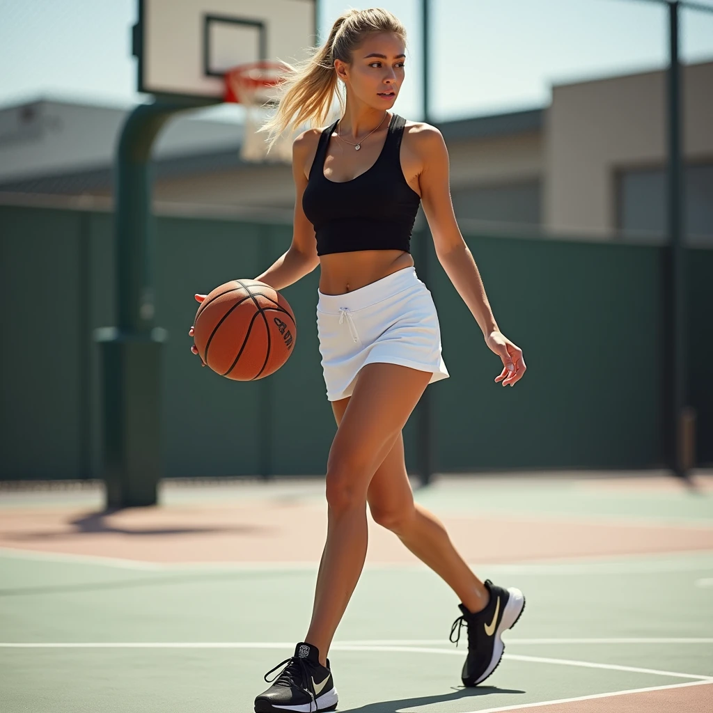 Gorgeous Blonde , is playing basketball, wearing basketball shoes, a very short white mini skirt, and a sexy black top. Her hair is tied in a ponytail.