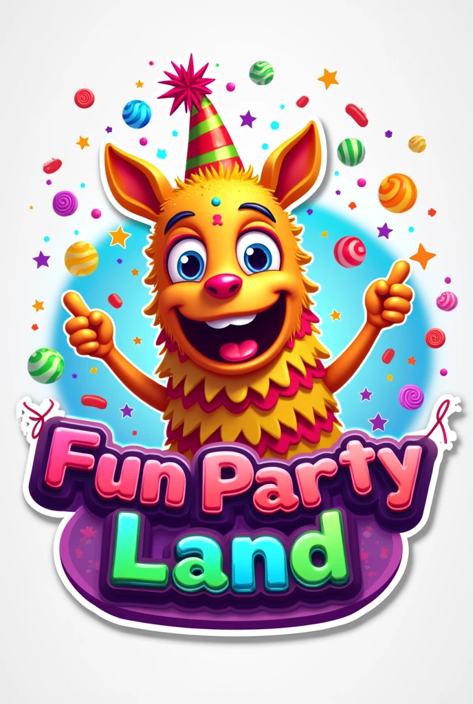 A logo of a fun piñata throwing candy and confetti , That it has a title "Fun Party" and below say " land" and that the letters are colorful