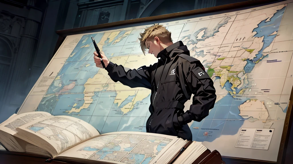A modern warrior meticulously planning his battle strategy in front of a detailed map, symbolizing the setting of clear and realistic goals, in a realistic, high-definition 16:9 format.
