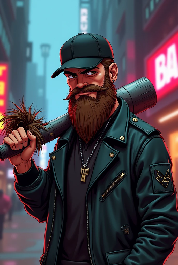 Cyberpunk animated character with a beard and a black cap, egocentric face, with hair in one hand and a bat in the other hand