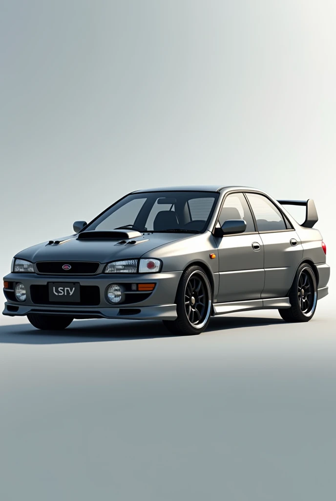 (photorealism:1.2), Subaru, impreza gc8, 1999, facelift, 4 door, grey 
color code lx7r, sideview, small spoiler, oz sparco rims