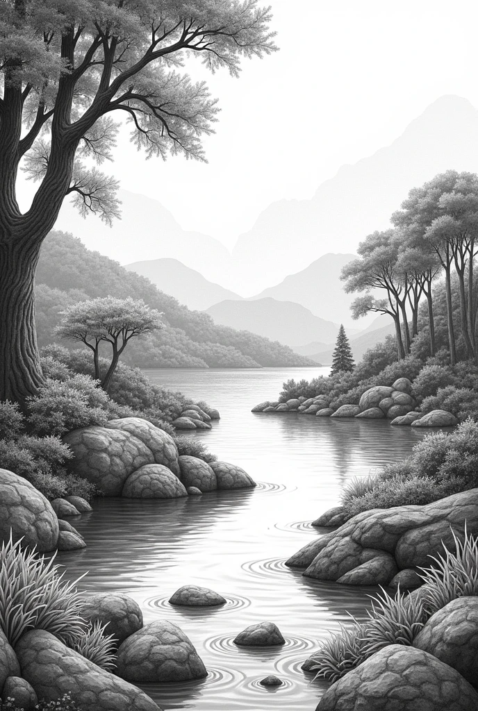 A black and white drawing of paradise 
