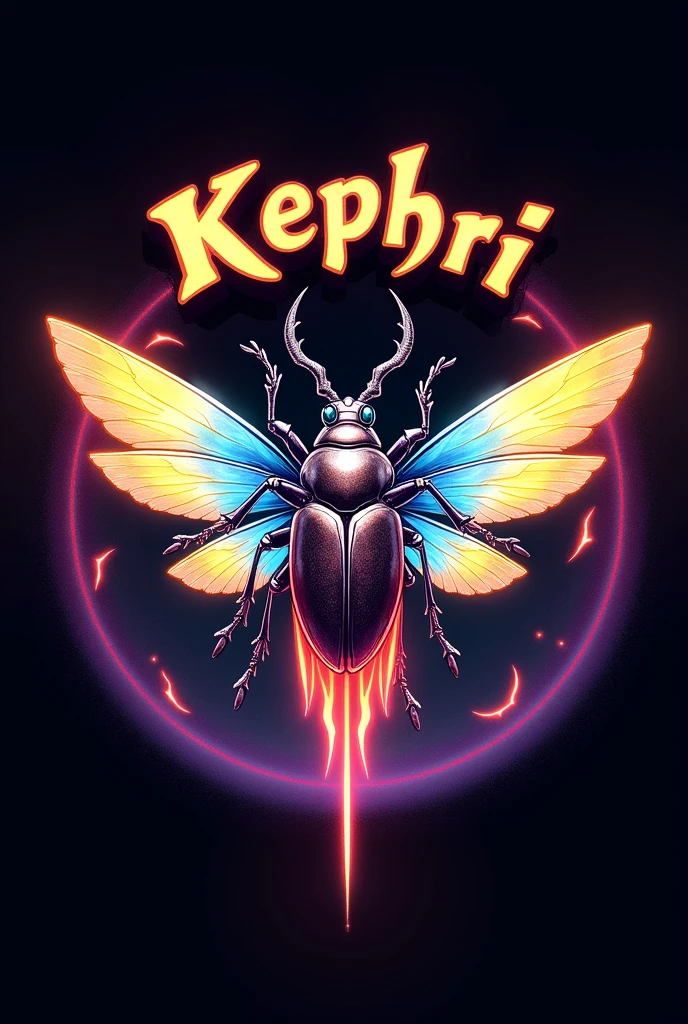 Create a Japanese style logo based on a kephri beetle projecting auras or ki from its outstretched wings using the colors fire orange, Light blue and lemon yellow with a background that fades from black to purple from the center outwards. Surrounding the image, write the word KEPHRI 3D in a Japanese-style font.