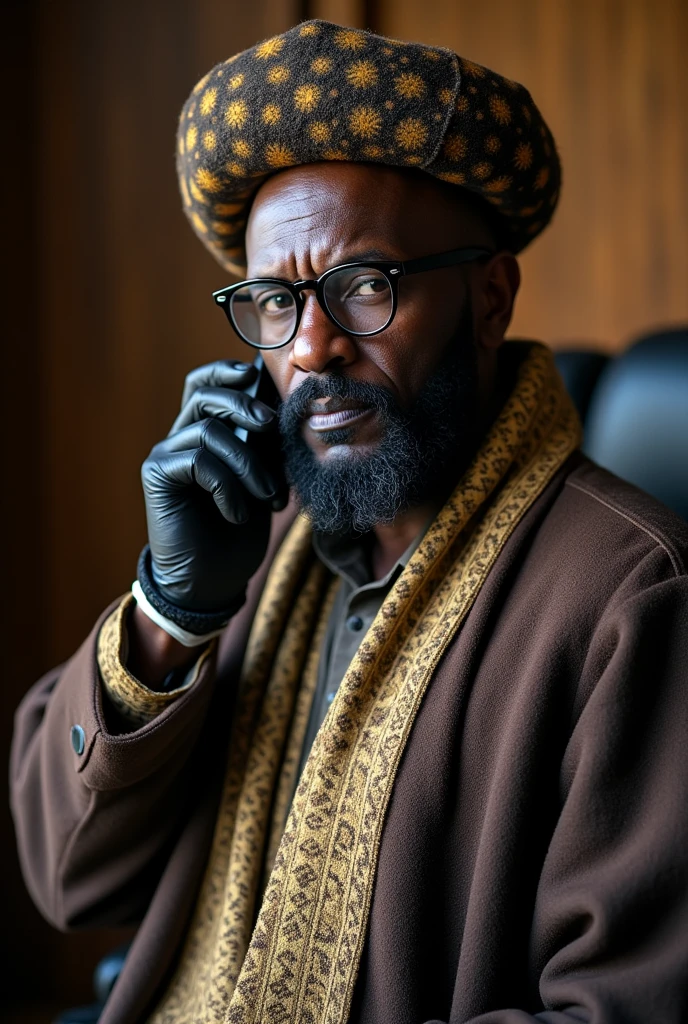 Photo 1 : jeune homme d’affaires noirs,grand détaille ,barbu,la quarantaine,habille en habits chapeau et gants traditionnels le Kirdi tissée de fille et laine traditionnel comme les de l’extrême nord du Cameroun,qui est entrain de parlé au téléphone et il porte des lunettes très noir fumer qui regarde à gauche