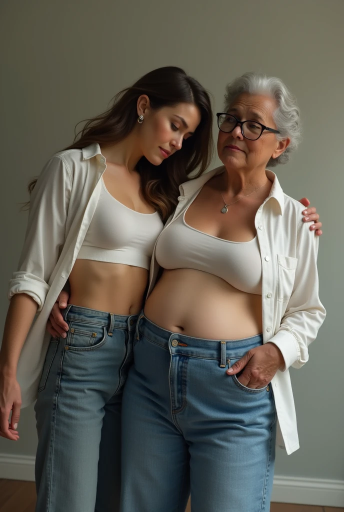 Create a photo of a 30 year old young woman, with a slender and beautiful body, with hoop earrings, wearing jeans and an open white shirt and is braless, with white and clear skin, with long brown hair and being picked up and carried in the arms of a 90 year old black elderly lady, obese woman who has dark black skin and is wearing a blue dress and glasses