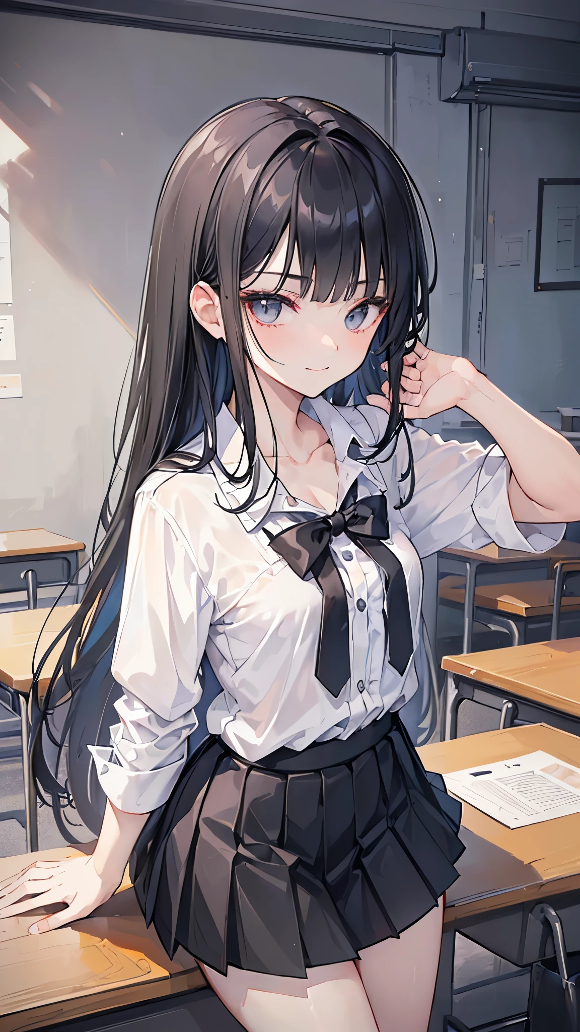 ((masterpiece、Highest quality、Very detailed))、One person、Black Hair、Long Hair、blunt bangs、Grey Eyes、evil smile、Small breasts、((White collared shirt))、Open chest、((clavicle))、((cleavage))、Short sleeve、((Black pleated skirt))、((micro miniskirt))、Cowboy Shot、Classroom Background