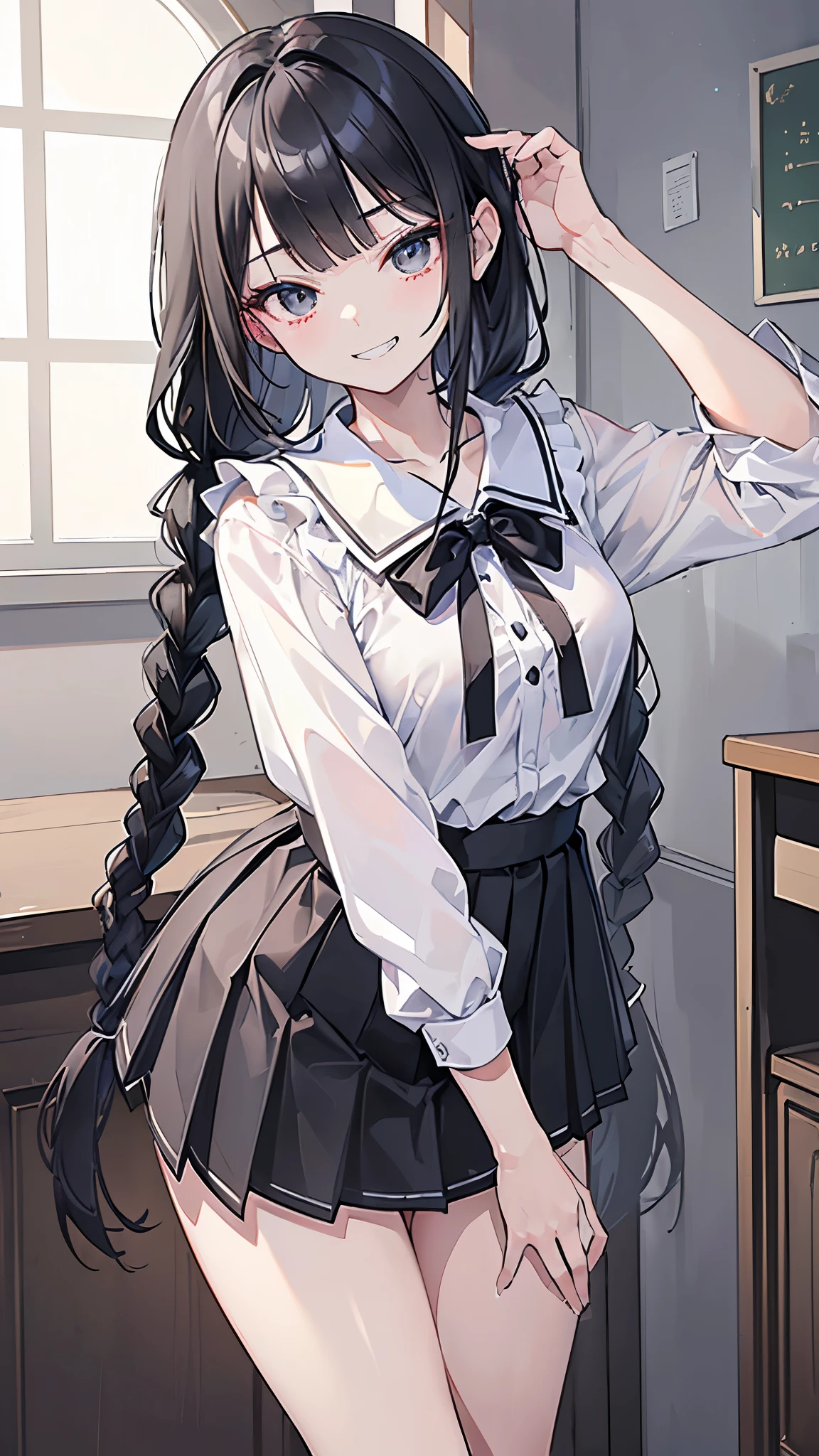 ((masterpiece、Highest quality、Very detailed))、One person、Black Hair、Long Hair、twin braids、blunt bangs、Grey Eyes、evil smile、((Grin))、Small breasts、((clavicle))、cleavage、((White collared shirt))、Short sleeve、((Black pleated skirt))、((micro miniskirt))、Cowboy Shot、((bent over))、arms behind back、Classroom Background
