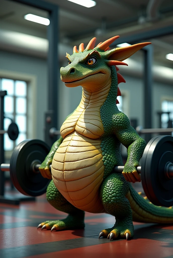 create a picture of a dragon in the gym that looks close and a little fat with weights