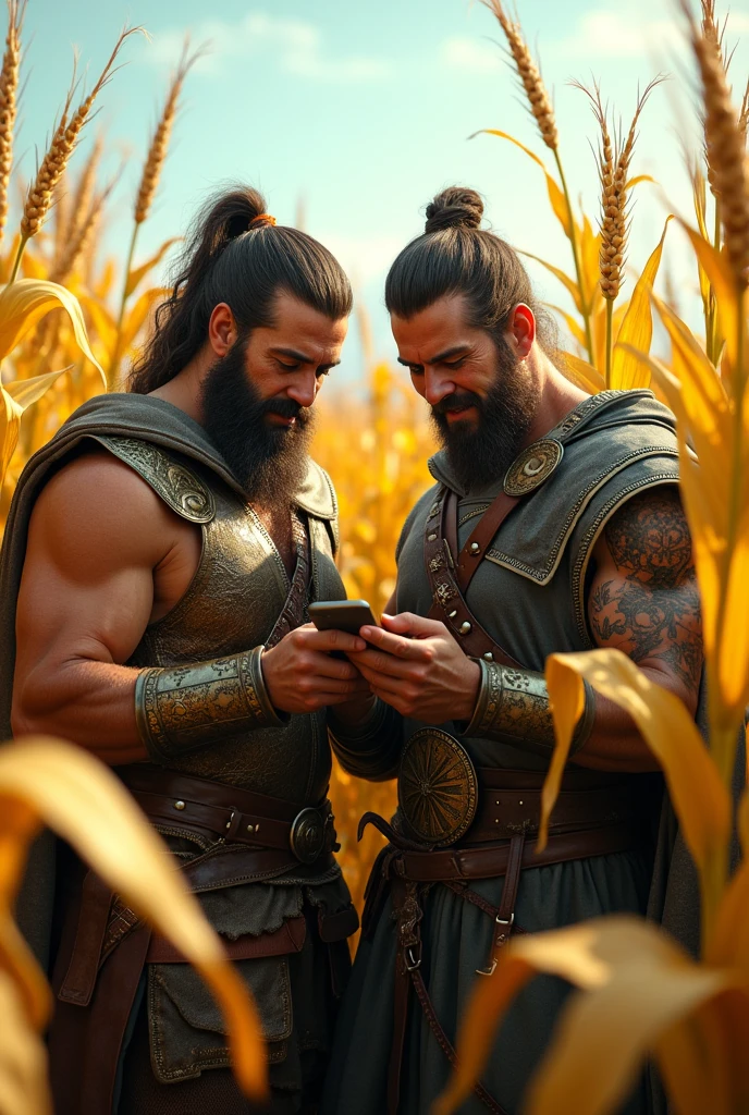 Warrior 2 man with swords looking at his phone happy and corn background