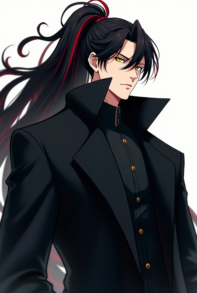 Create a white MALE anime style character with long, voluminous black hair tied in a ponytail with some red streaks and yellowish eyes and wearing a large black coat