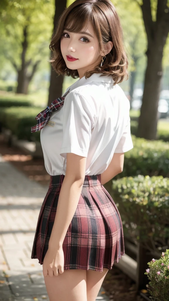 nsfw, 8K raw photo, Best quality, masterpiece, ultra high res, film grain, filmg, 1girl, looking at viewer, natural skin texture, realistic eye and face details, full lips, lipstick, (makeup), red eyeshadow, fluffy short hair, messy hair, smile, close mouth, beautiful legs, tall female, skinny, slim_legs, solo, enormous breast, cleavage, Pose with buttocks facing you, ultra short skirt, ass, shirt, beautiful nature location, around flower location, (detailed background), plaid skirt, white shirt, enormous breast, cleavage, Show a little cleavage through the shirt, loafers, blurry background, blurry, holding, plaid, short sleeves, jk ribbon on the neck, jk ribbon, brown hair, bracelet, water, bangs, school uniform, jewelry, parted lips, lips, from side, pleated skirt, depth of field
