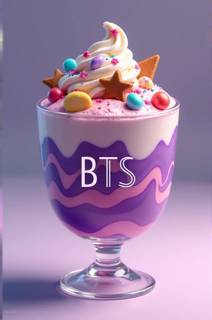 vessel: A translucent glass with the BTS logo in the center, without overloading it with more symbols. The logo will be elegant and subtle, in a purple tone.
sundae: sundae suave con remolinos de colores morados y rosados.
Toppings: Pieces of biscuit or chocolate in the shape of letters "BTS", colored little stars, and small candies that represent iconic elements of the band.